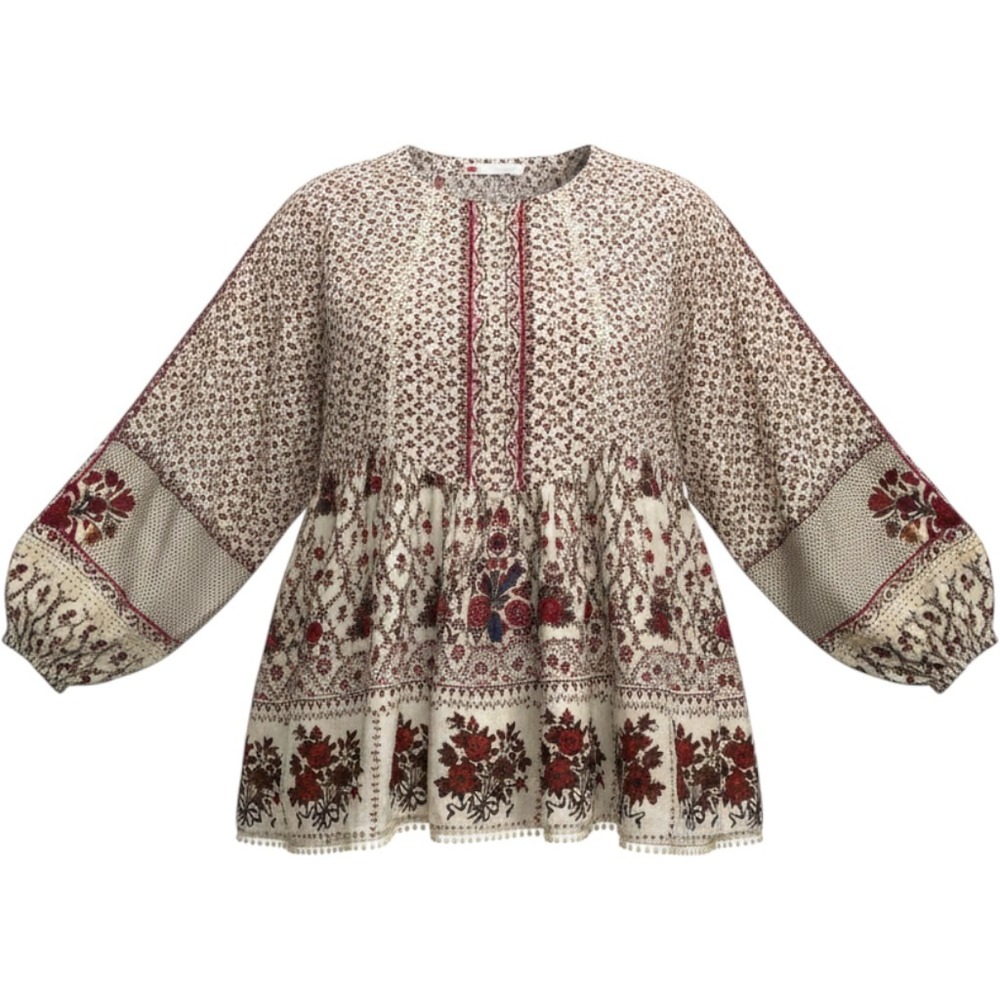 Khaadi Floral Cottagecore Cotton Babydoll Prairie Red Cream Boho Flowy Top Large
